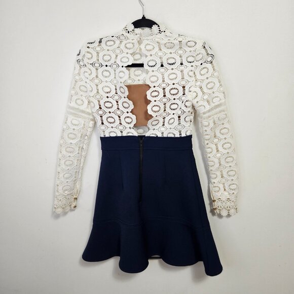 Self-Portrait White Guipure Lace A-Line Mini Dress White Navy Blue - Picture 7 of 13